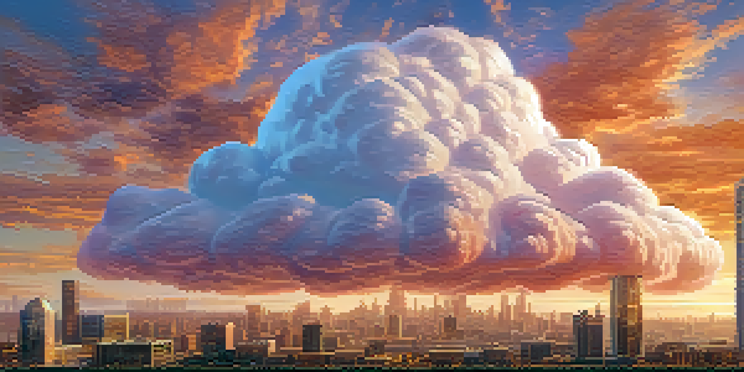 A digital cloud above a cityscape during sunset, glowing softly with lights, representing data flow and security.