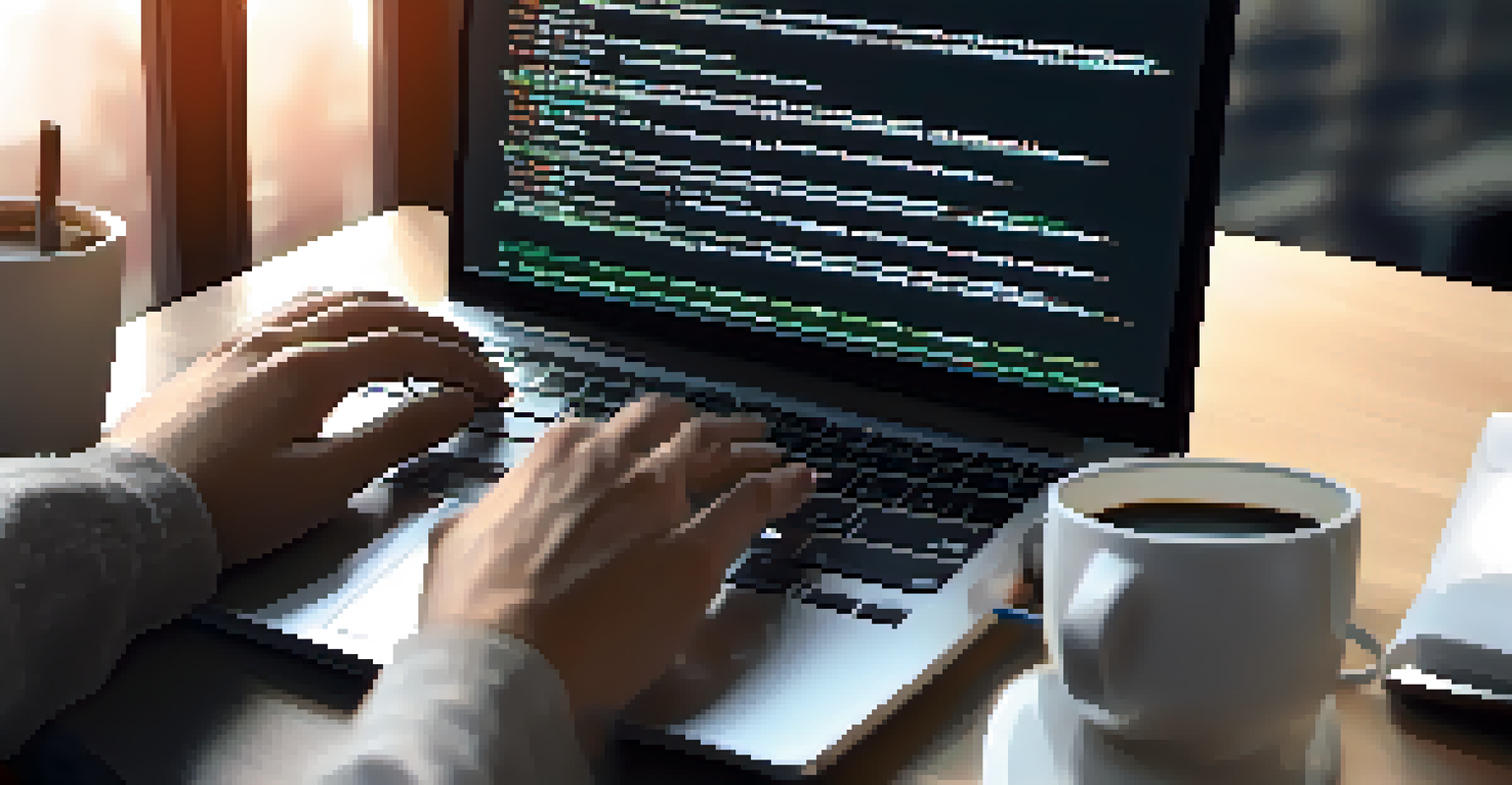 A developer's hands typing on a laptop with code on the screen in a bright workspace.