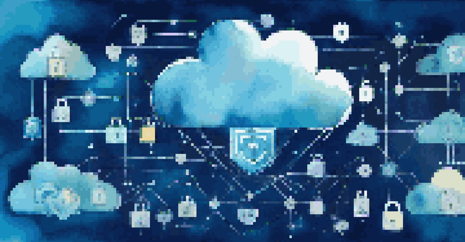 An abstract image of a digital cloud surrounded by interconnected padlocks and shield icons, symbolizing cloud security.