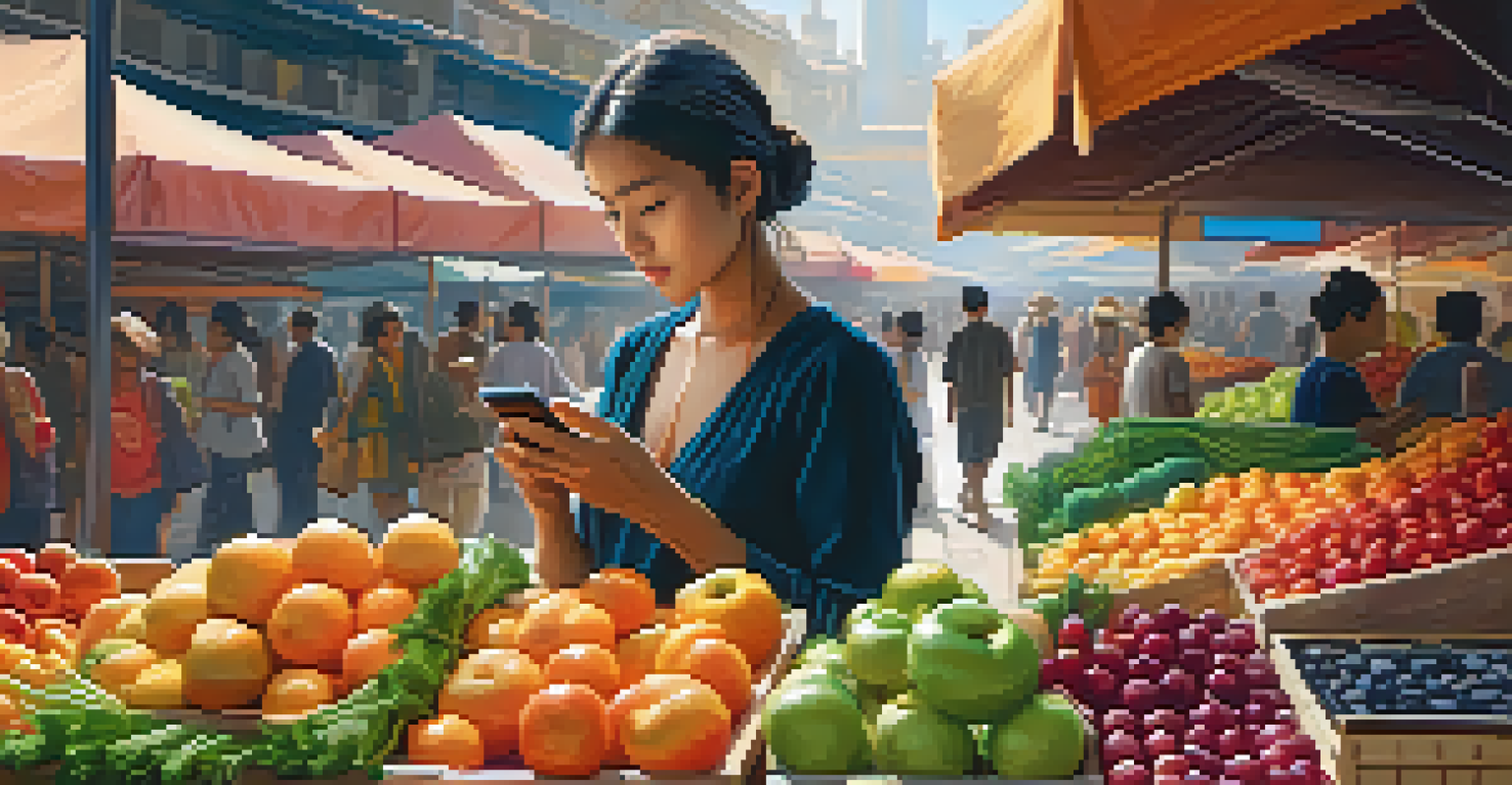 A person using a translation app on their smartphone in a colorful foreign market with vibrant stalls.