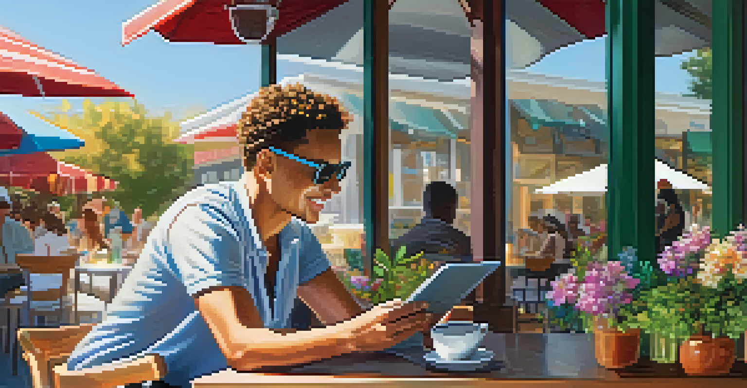 A small business owner sitting at an outdoor café, working on a tablet, with customers around and colorful flowers on the table.