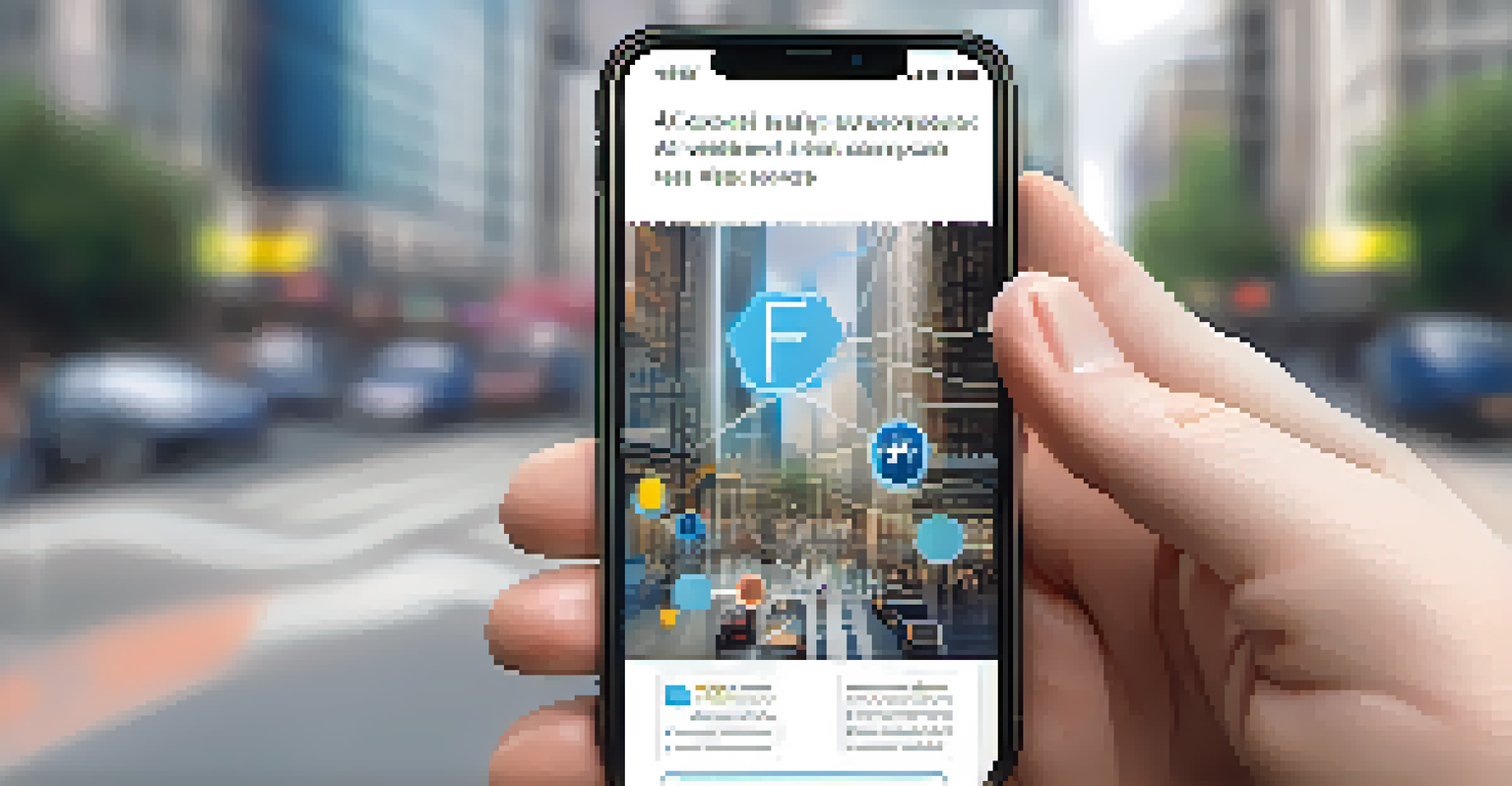 A close-up view of a smartphone showing an AI self-service support app, set against a blurred busy urban background, highlighting modern technology.
