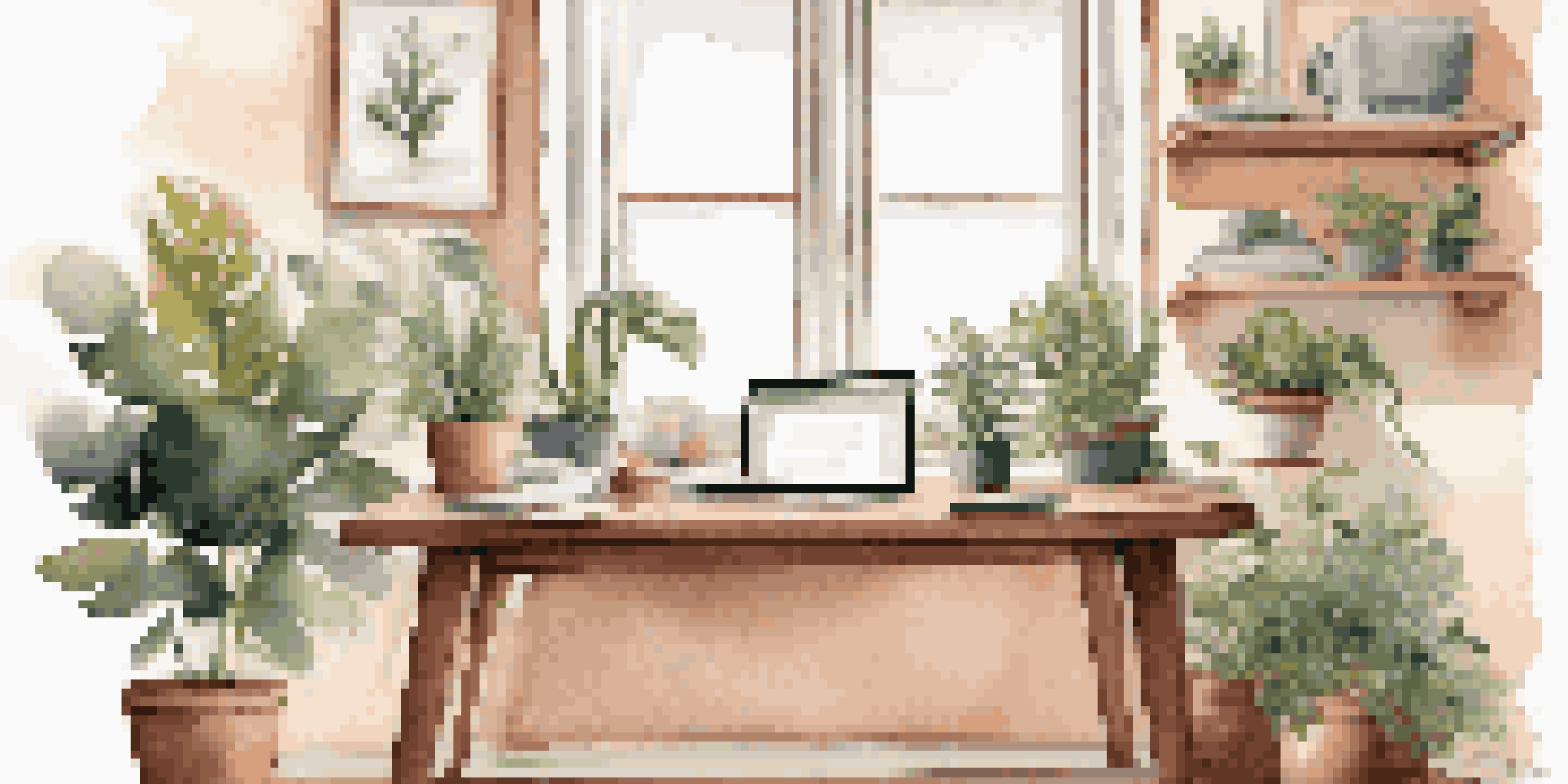 A warm and inviting home office with a modern desk, laptop, coffee cup, and plants, illuminated by sunlight from a large window.