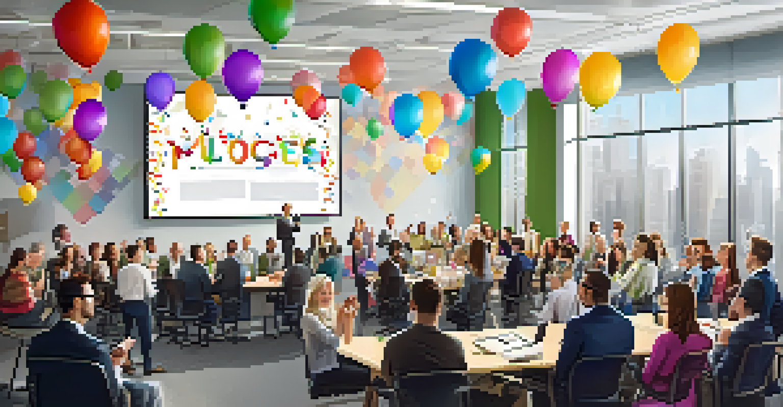 Employees celebrating in an office space, applauding a presentation on milestones, surrounded by colorful decorations.