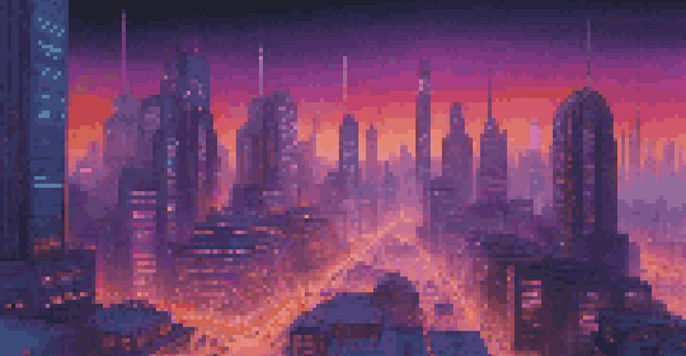 A vibrant cityscape at dusk with traditional and modern buildings, neon lights, and autonomous vehicles, under a gradient sky.