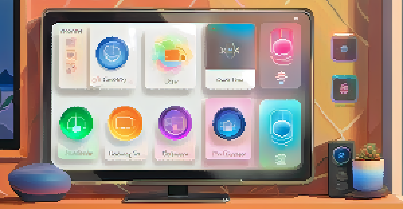 A smartphone with a clear smart home management interface, set against a cozy living space background.