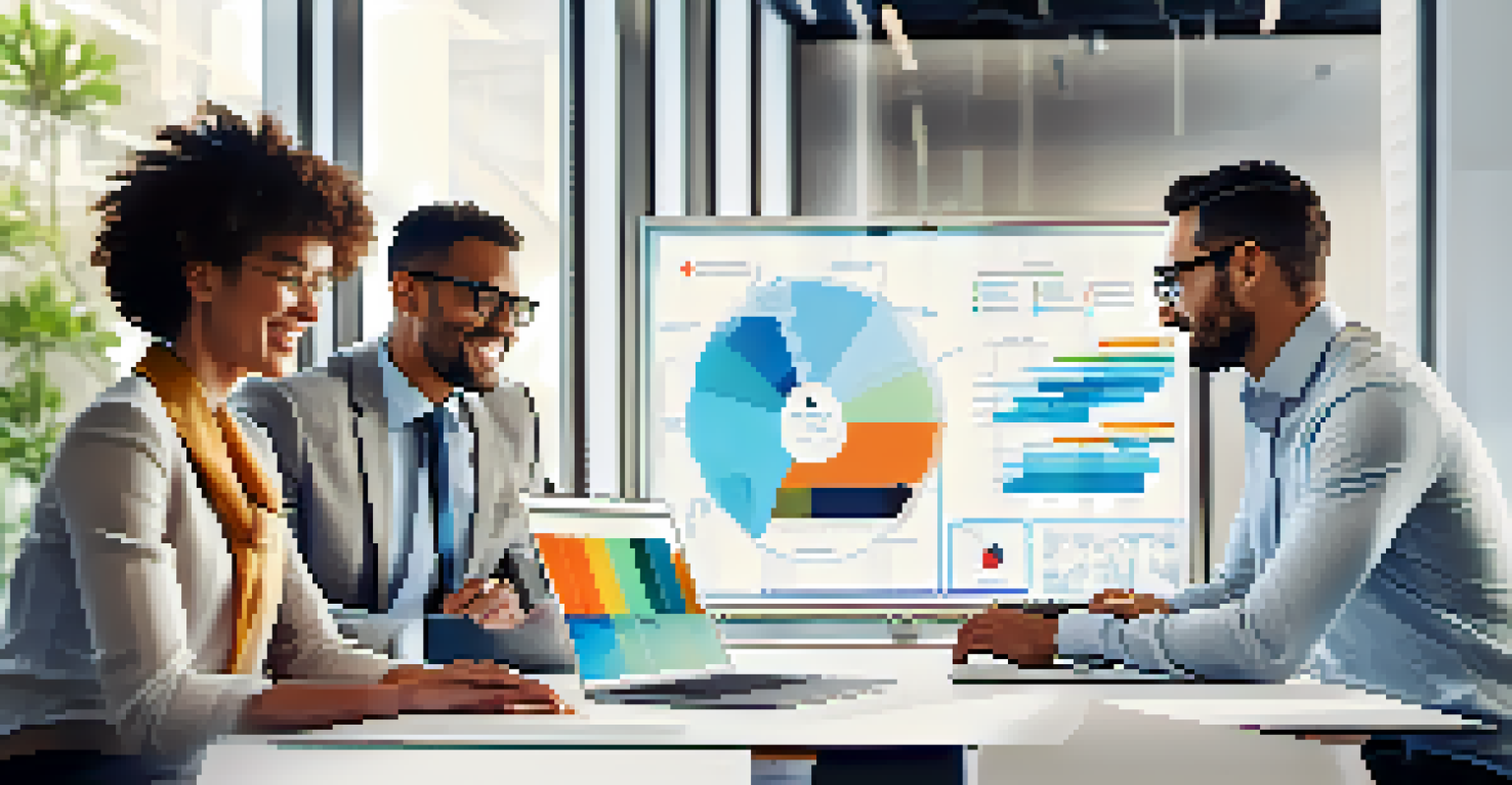 A diverse business team collaborating over a laptop, discussing RPA strategies in a bright meeting room.