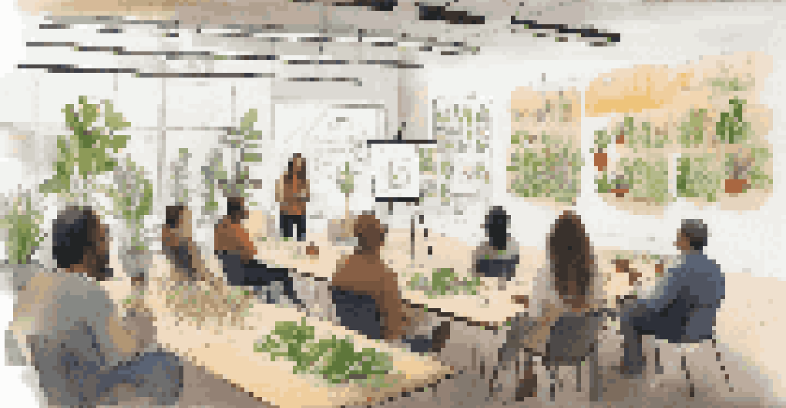 A workshop on ethical consumerism, with a facilitator presenting to an engaged audience, surrounded by charts and a bright, plant-filled room.