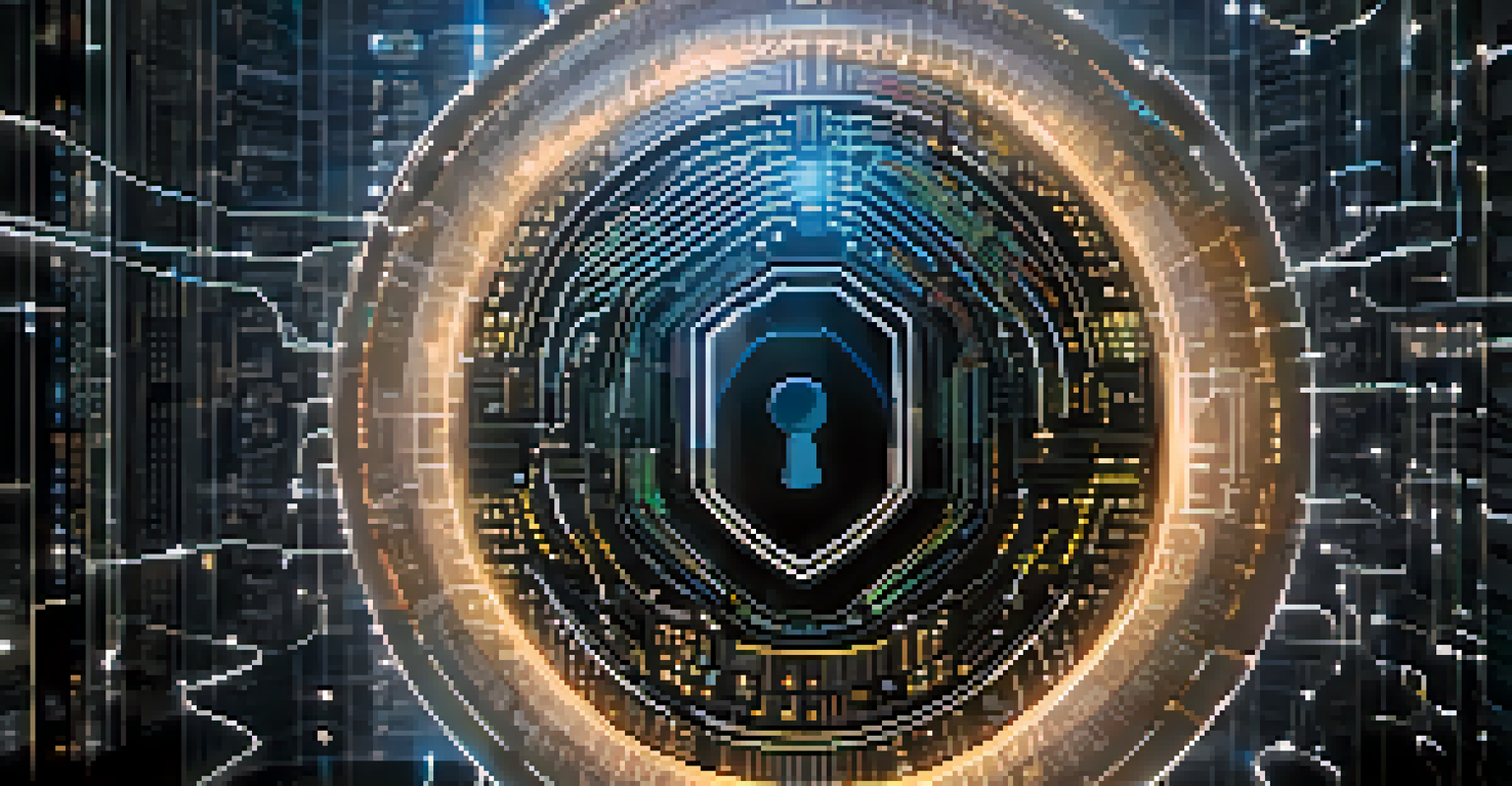 An abstract image of a glowing digital shield over a network of data streams, representing AI enhancing data security.
