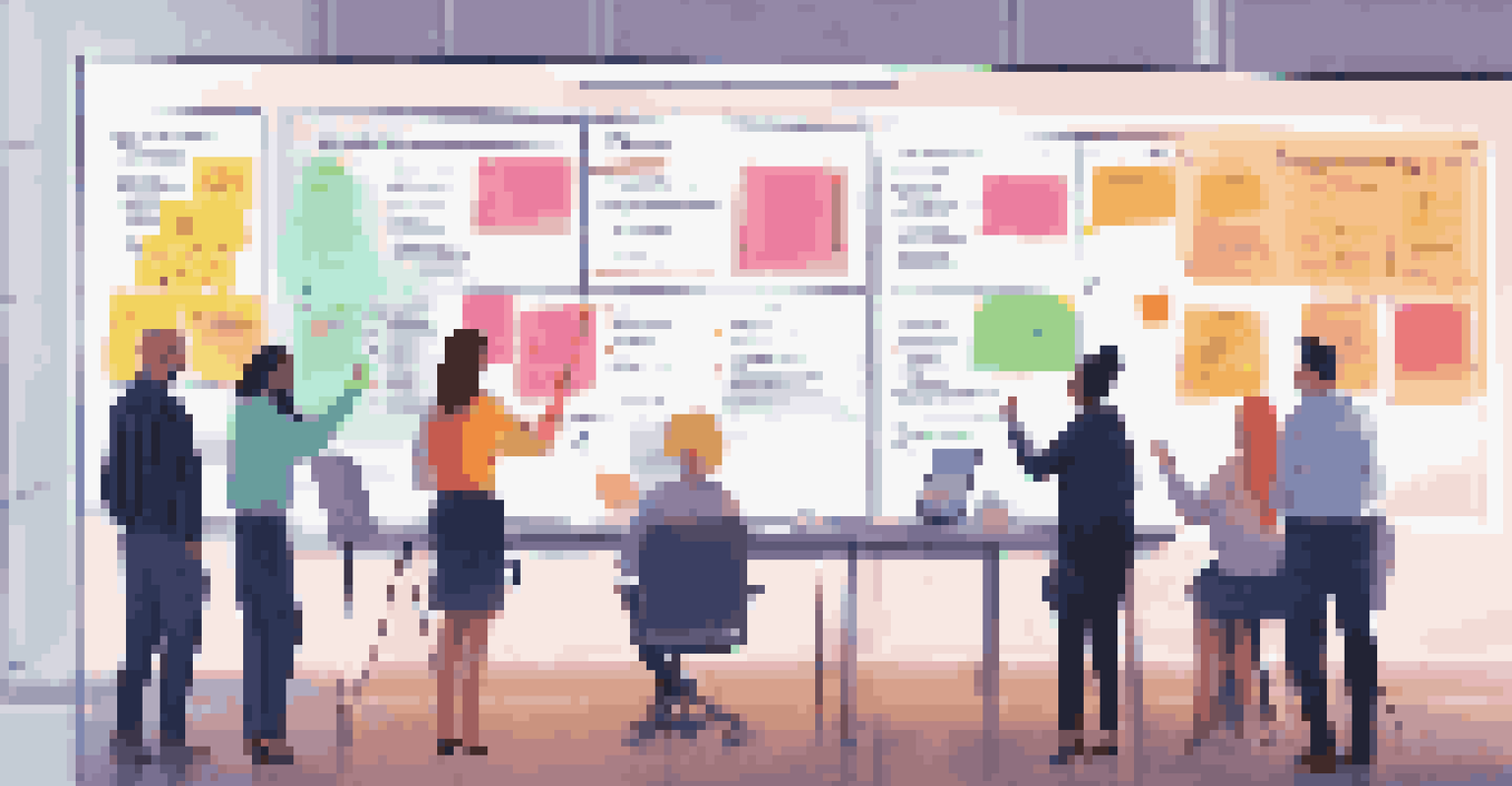 Team members gathered around a project management board on a large screen, discussing tasks with colorful sticky notes and deadlines visible.