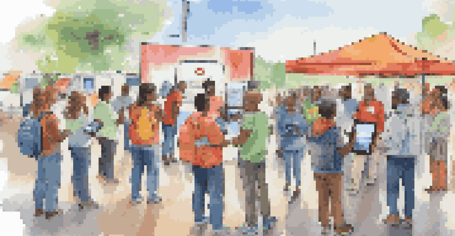Community members gathered around a demonstration of a mobile app for disaster preparedness, engaging in discussion and learning.