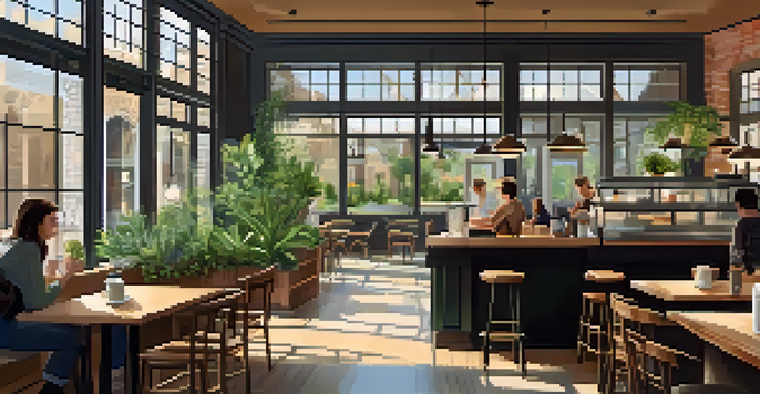 A cozy coffee shop with wooden tables, patrons chatting, and a barista preparing drinks under soft lighting.