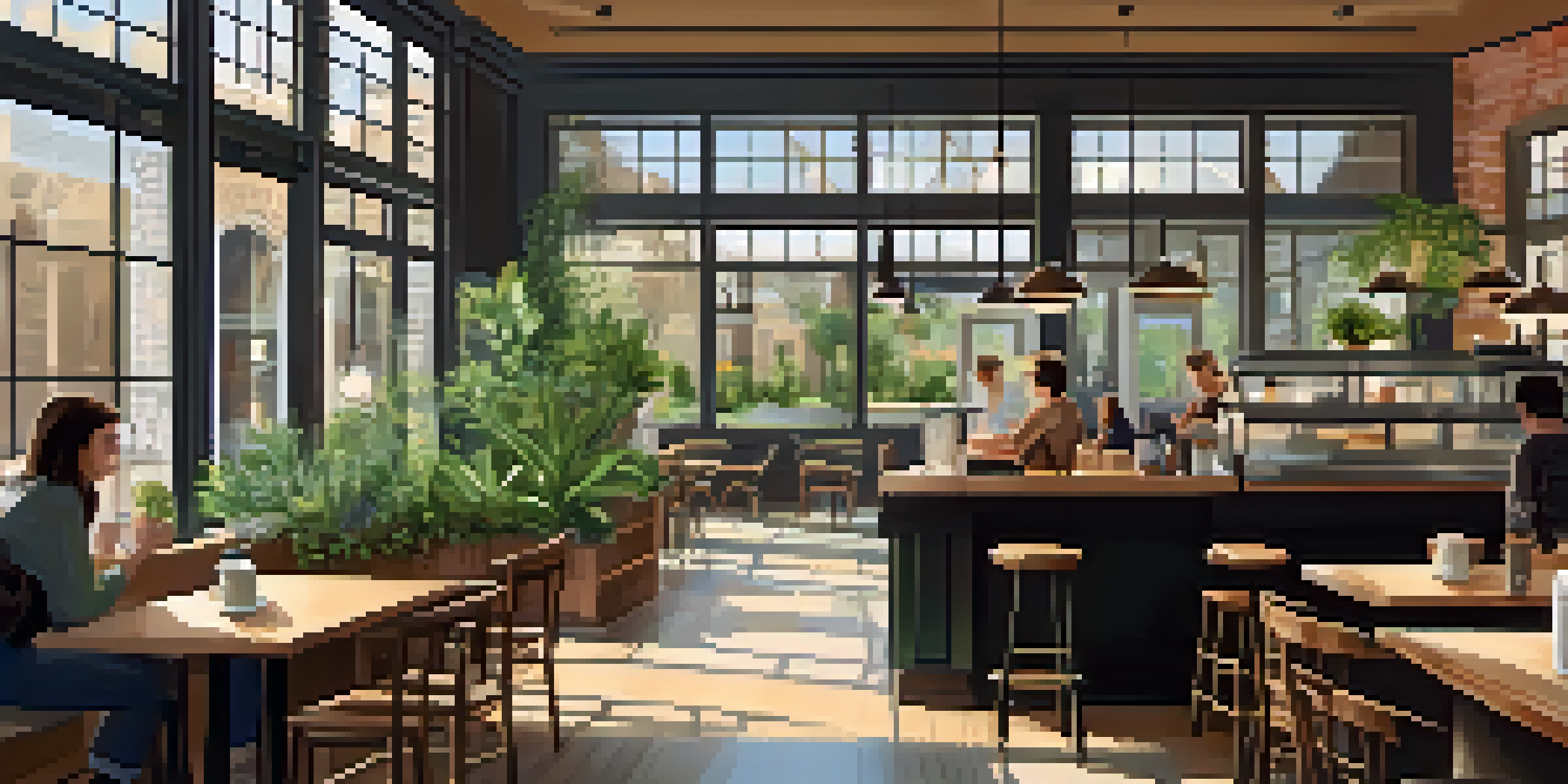 A cozy coffee shop with wooden tables, patrons chatting, and a barista preparing drinks under soft lighting.