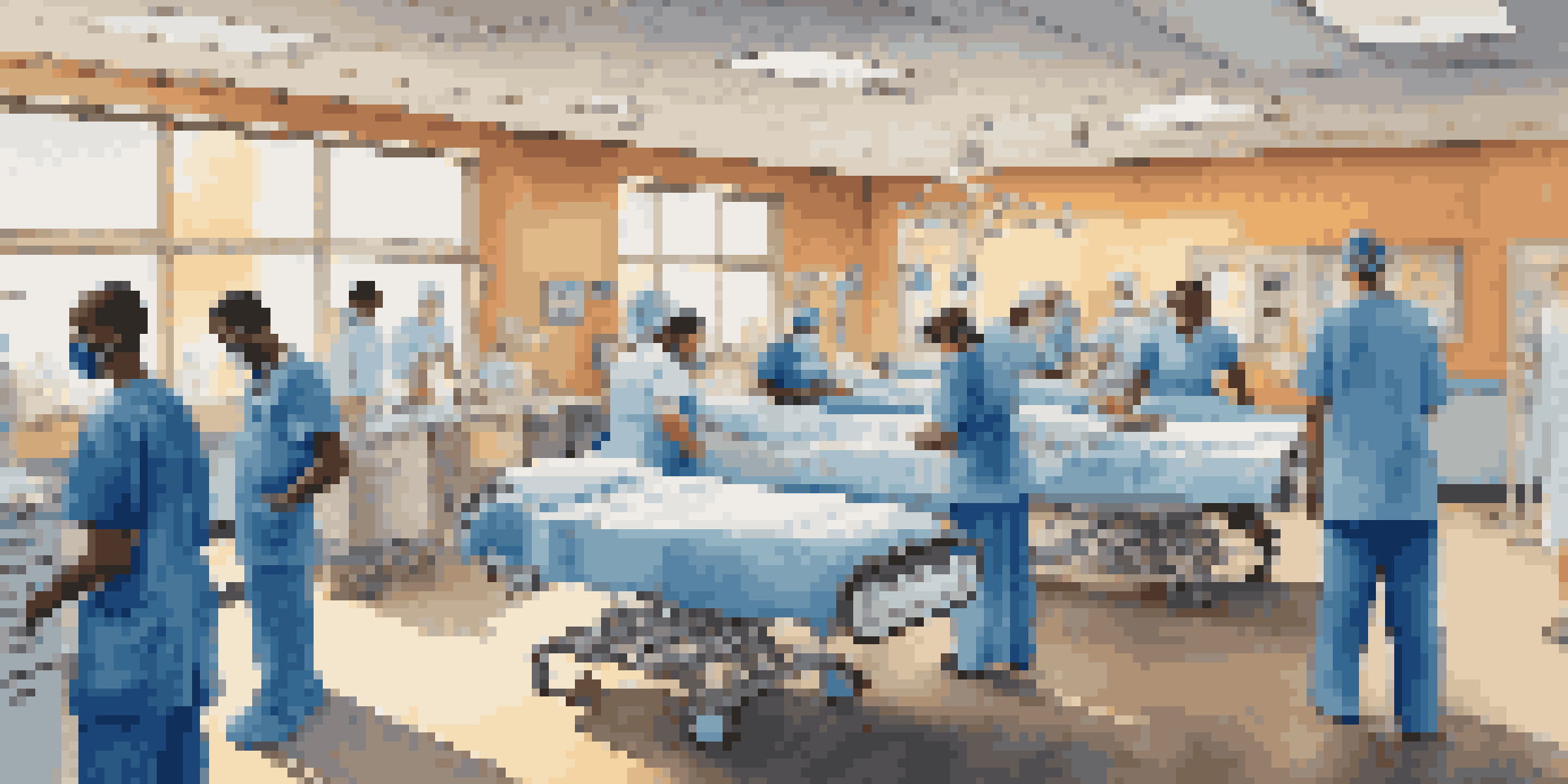 A busy hospital scene with healthcare professionals in scrubs helping patients during flu season.