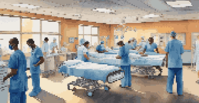 A busy hospital scene with healthcare professionals in scrubs helping patients during flu season.