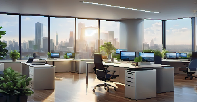 A modern office featuring cloud technology displays and a city skyline view, with natural light and plants.
