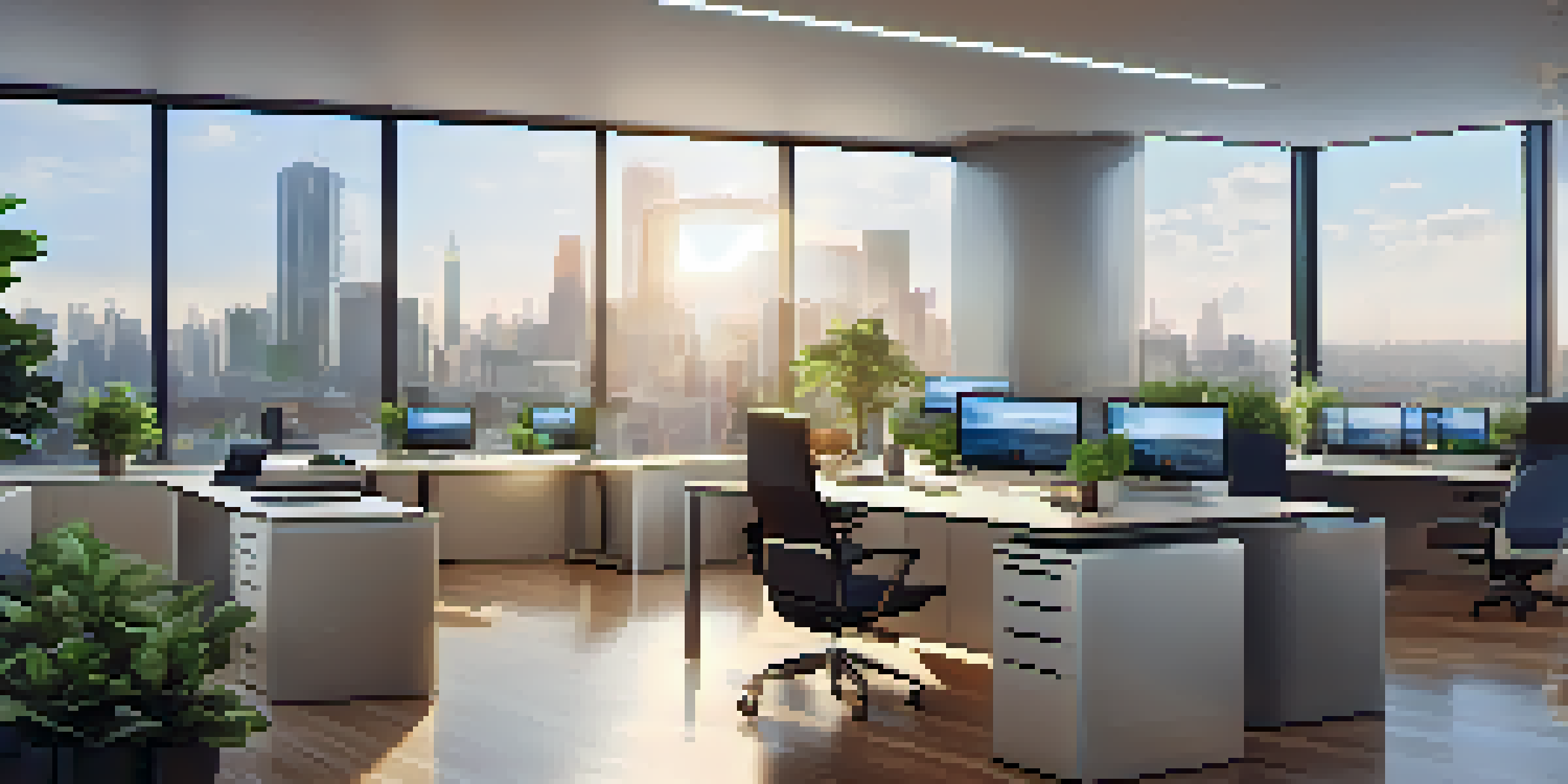A modern office featuring cloud technology displays and a city skyline view, with natural light and plants.