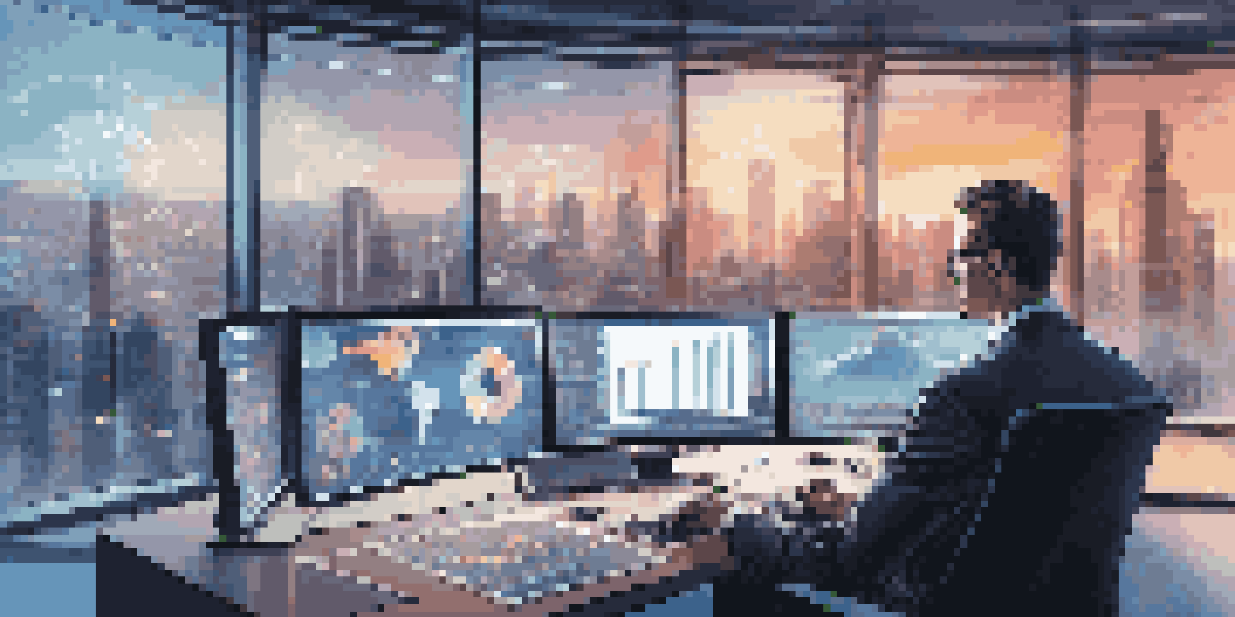 A financial analyst at a high-tech desk, analyzing data on screens with graphs and charts, in a modern office with city skyline views.