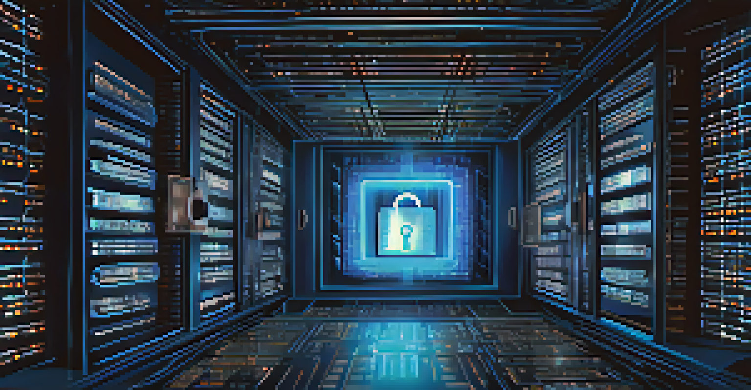 An abstract digital vault with glowing locks and binary code, representing data encryption and security.