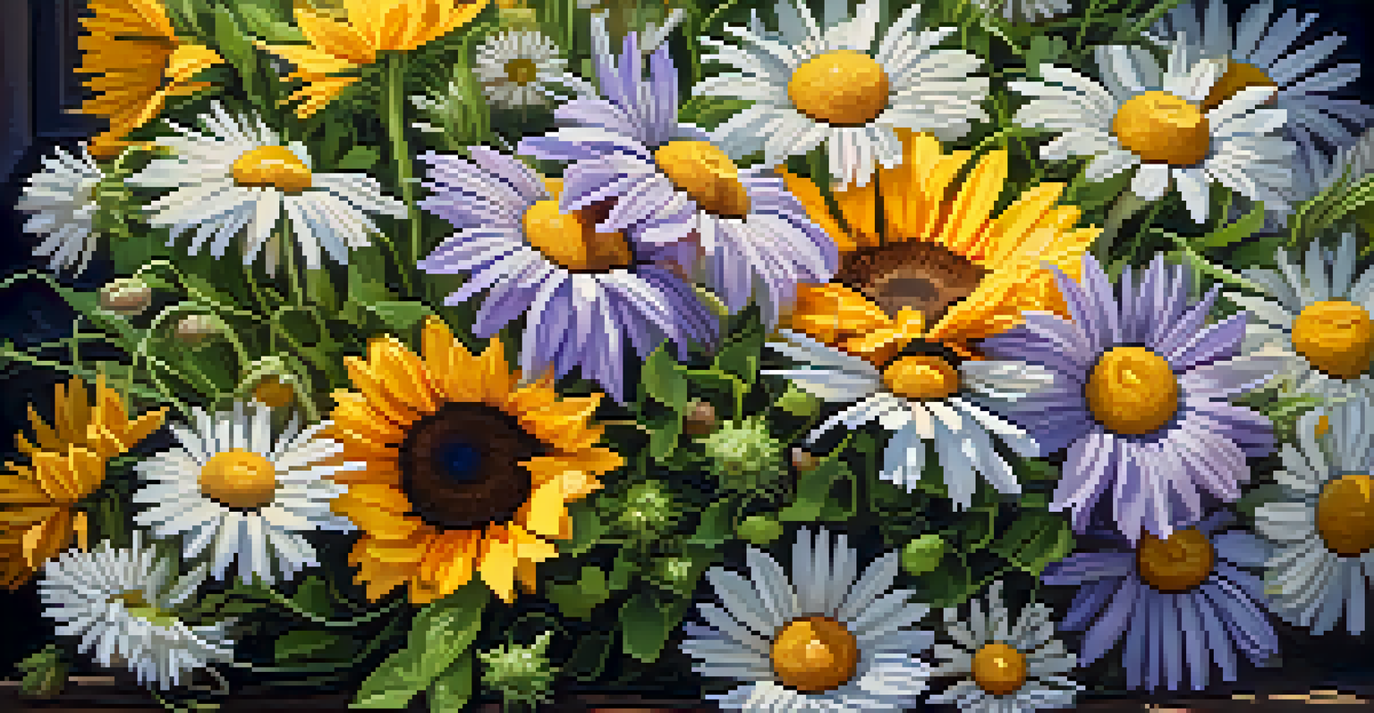 A close-up of a vibrant bouquet of wildflowers featuring daisies, lavender, and sunflowers with soft natural lighting.
