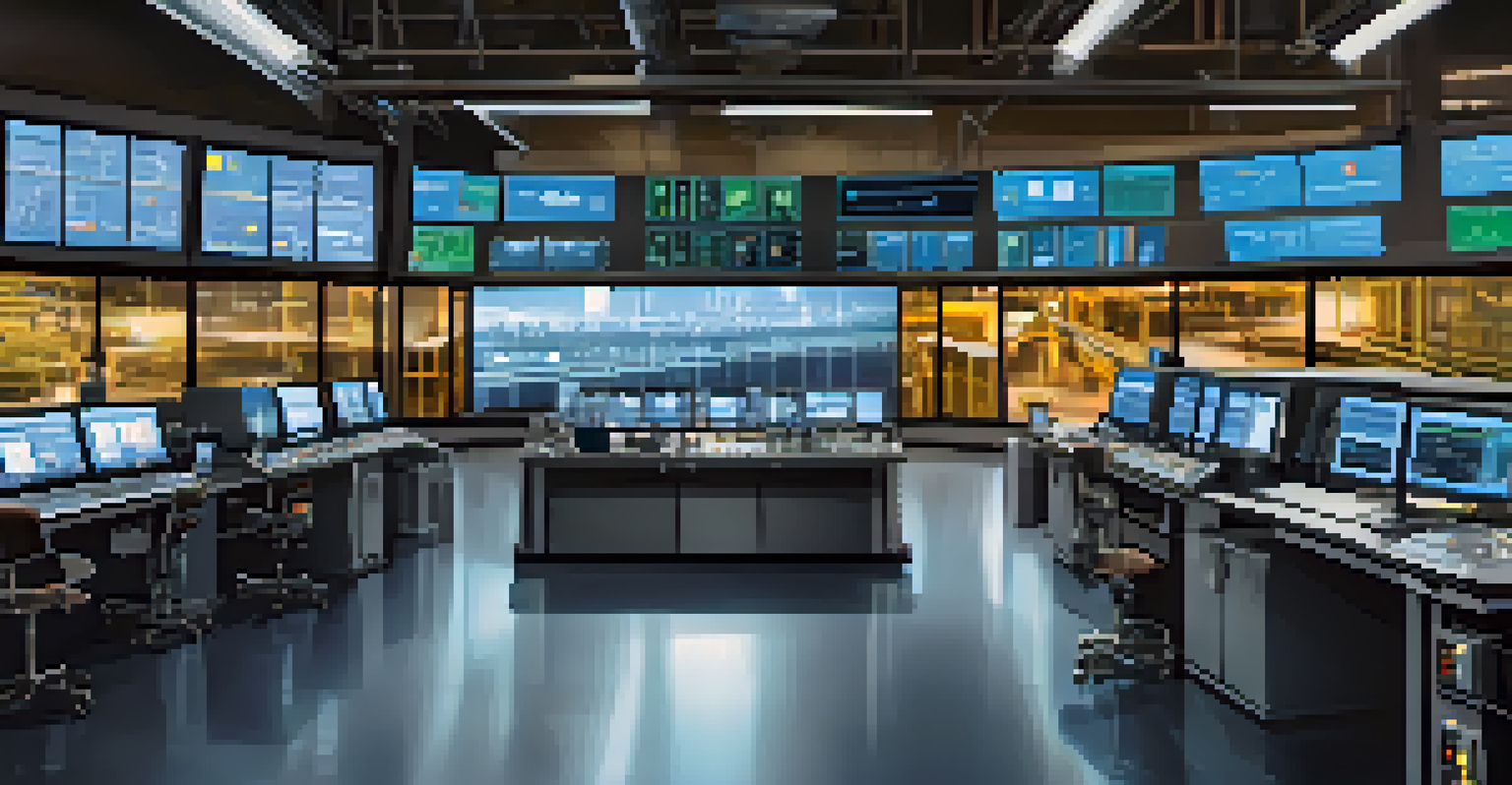 Inside a manufacturing plant, machines are monitored remotely with screens displaying real-time data and alerts in a control room.