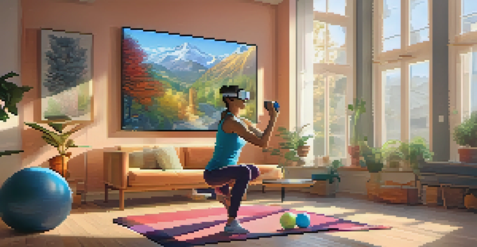 A person in a cozy living room wearing augmented reality glasses, engaged in a virtual workout with colorful graphics of a trainer.