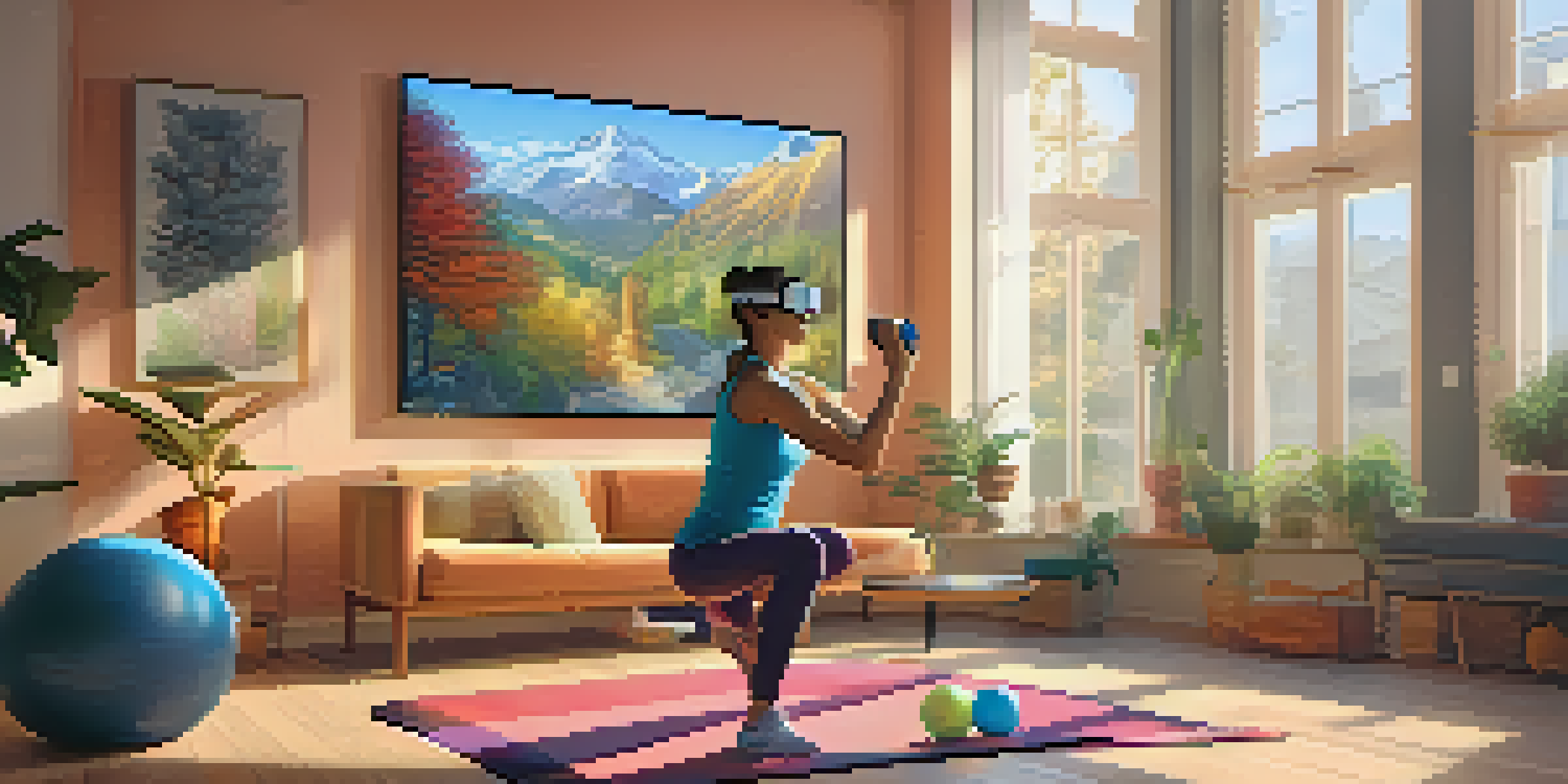 A person in a cozy living room wearing augmented reality glasses, engaged in a virtual workout with colorful graphics of a trainer.
