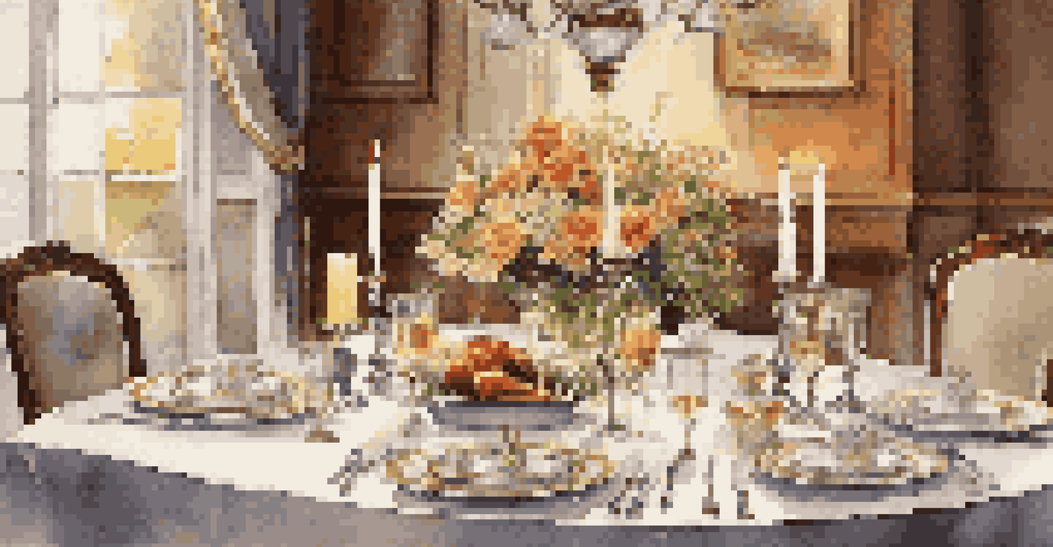 A beautifully set dining table for a festive meal, featuring fine china, crystal glasses, and a warm candlelit ambiance.