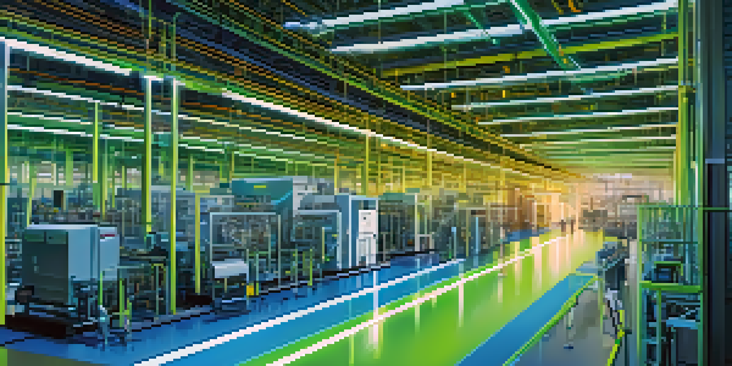 A digitally enhanced image of a manufacturing plant, showcasing machines and data connections.