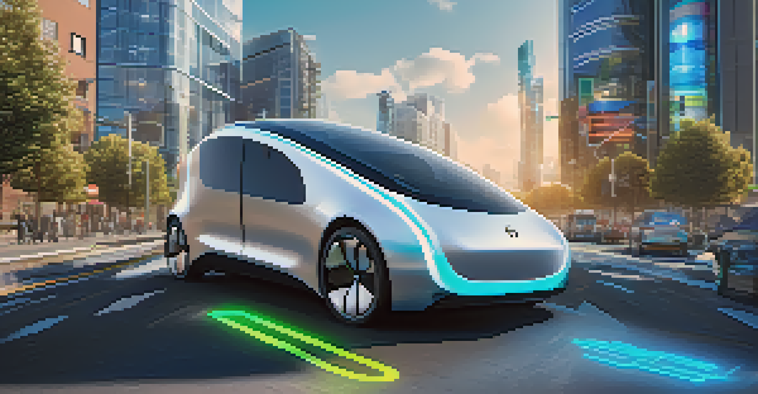 An autonomous vehicle in a smart city, surrounded by digital connectivity symbols and smart traffic lights.