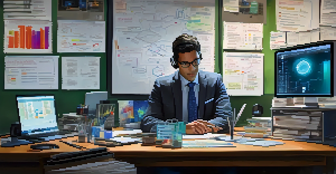 A forensic investigator working at a desk filled with digital devices and analysis charts, illuminated by soft lighting.