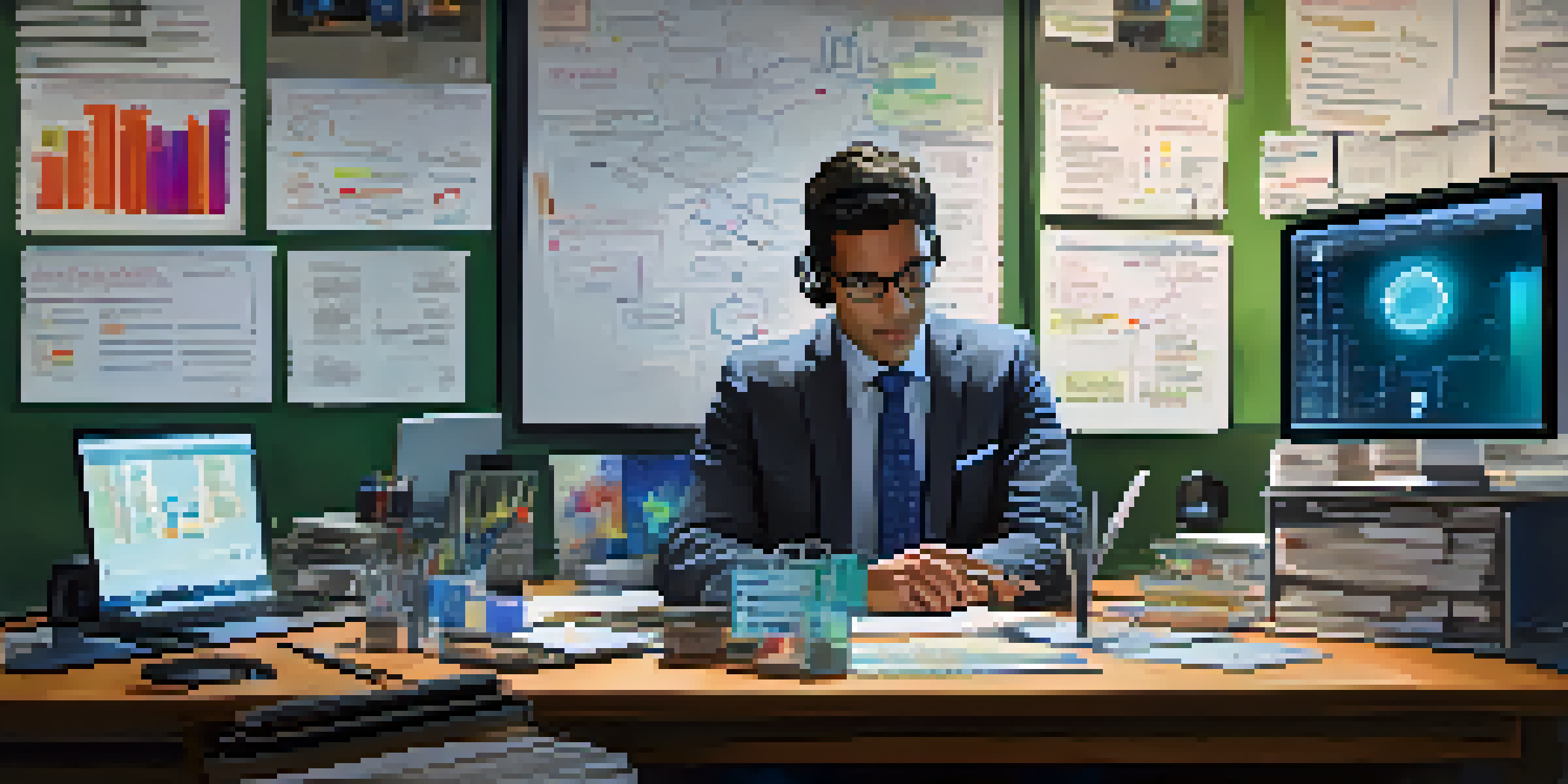 A forensic investigator working at a desk filled with digital devices and analysis charts, illuminated by soft lighting.