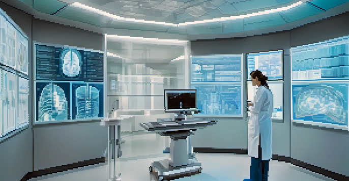 A radiologist in a modern healthcare setting analyzing medical images with colorful AI data patterns surrounding the screen.