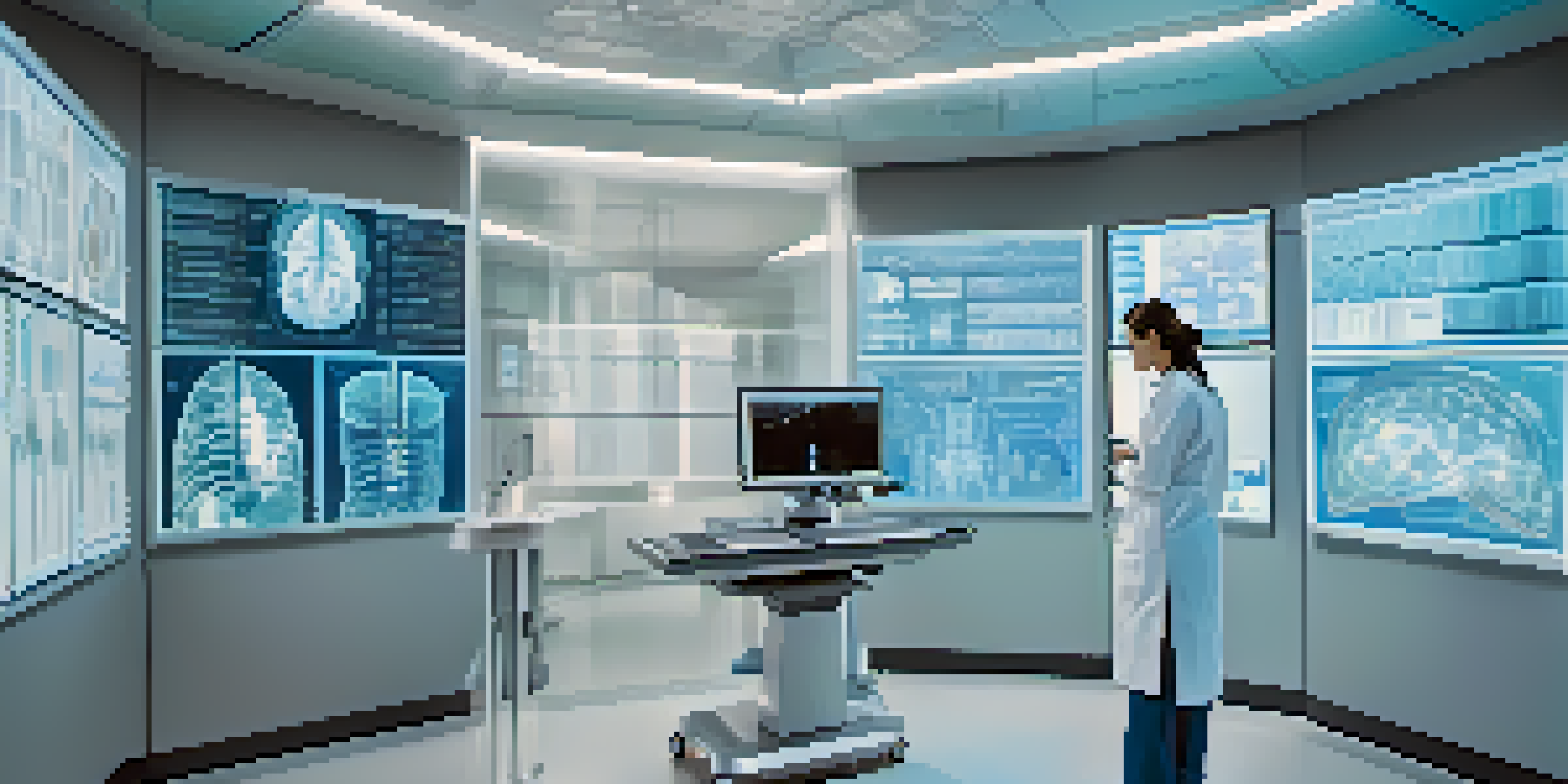 A radiologist in a modern healthcare setting analyzing medical images with colorful AI data patterns surrounding the screen.