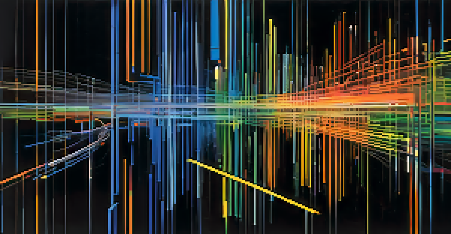 Colorful data streams transforming into organized shapes against a dark background, symbolizing data preprocessing.