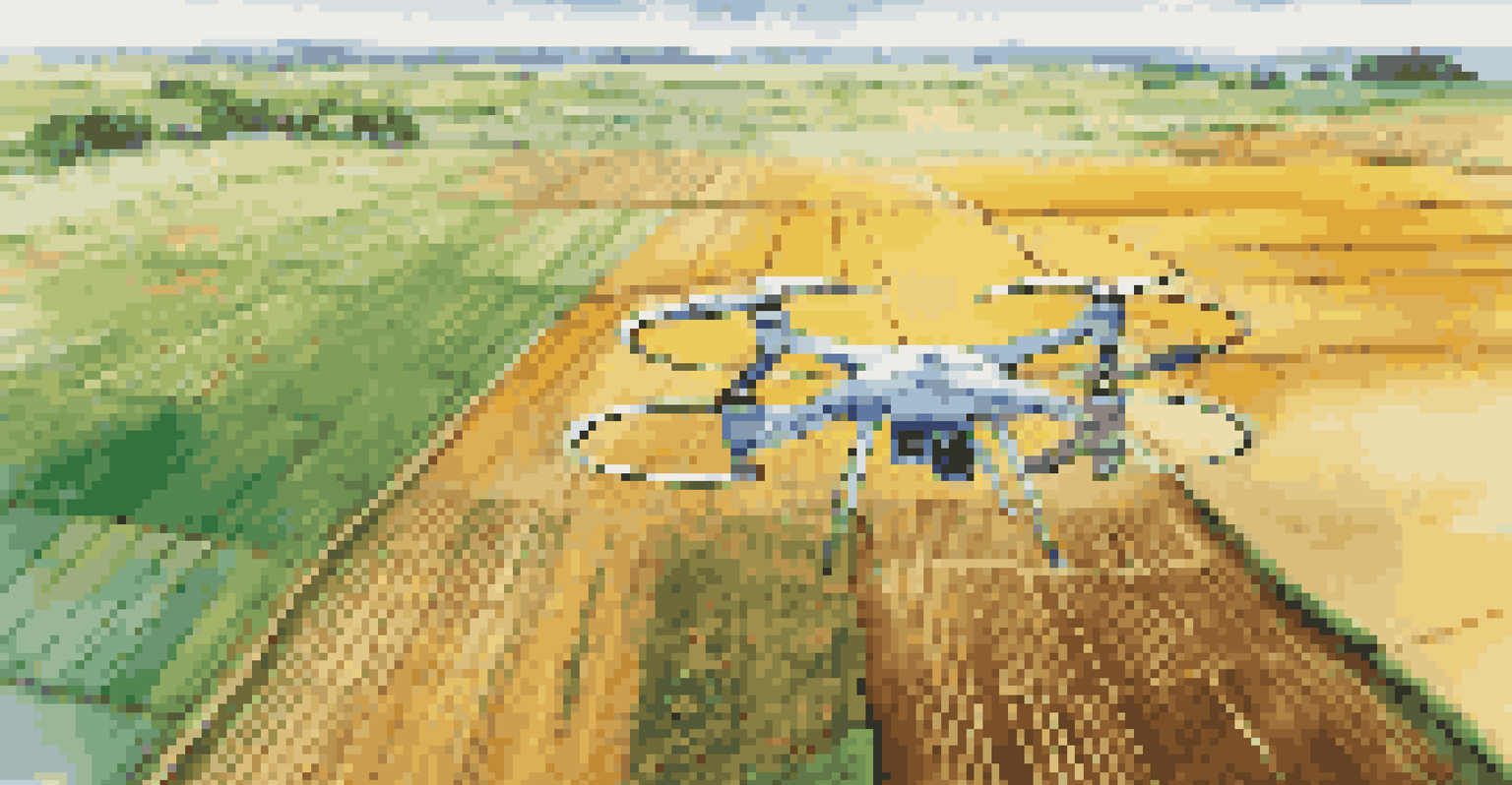 A drone flying over colorful fields, displaying AR overlays of soil moisture and crop growth data.