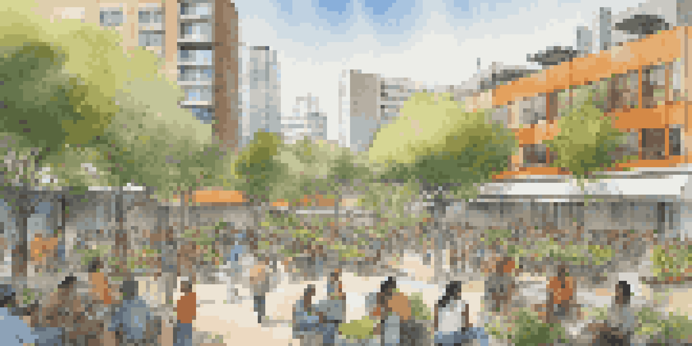 A colorful city scene featuring green parks, modern buildings with solar panels, and a community gathering focused on disaster preparedness.