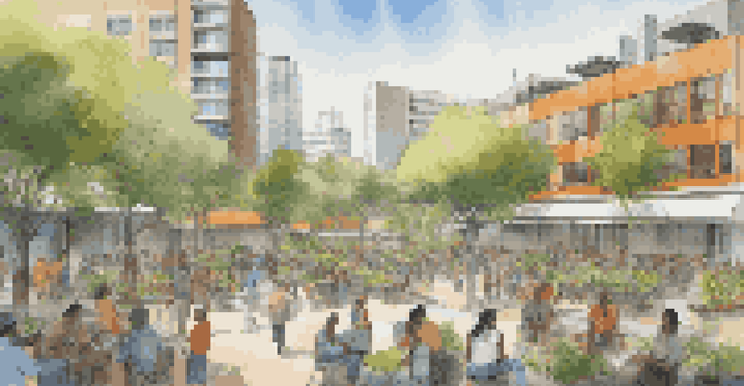 A colorful city scene featuring green parks, modern buildings with solar panels, and a community gathering focused on disaster preparedness.