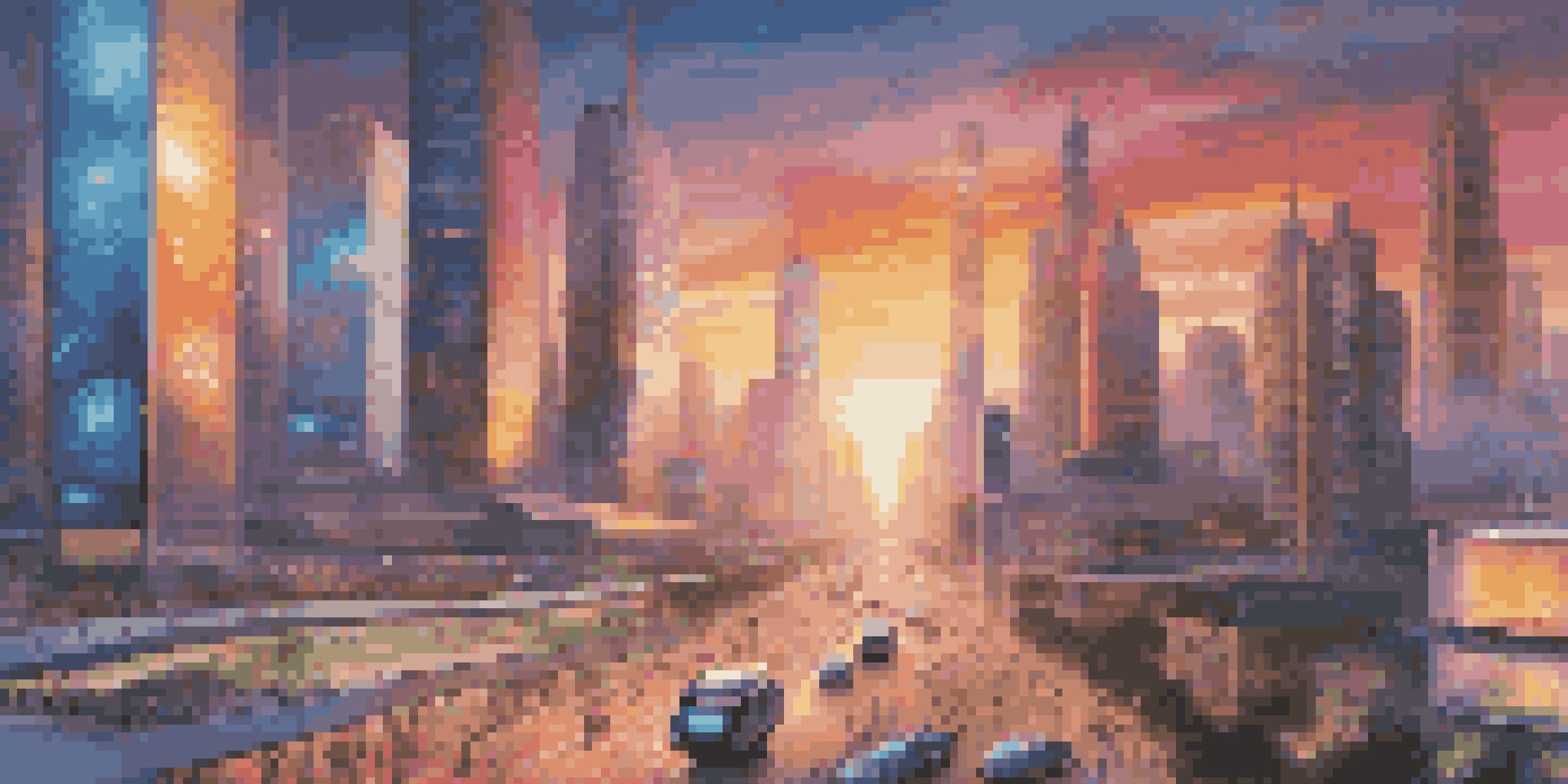 A futuristic city with skyscrapers and digital screens, people using smart devices, and autonomous vehicles in a sunset glow.