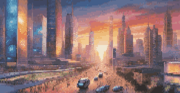 A futuristic city with skyscrapers and digital screens, people using smart devices, and autonomous vehicles in a sunset glow.
