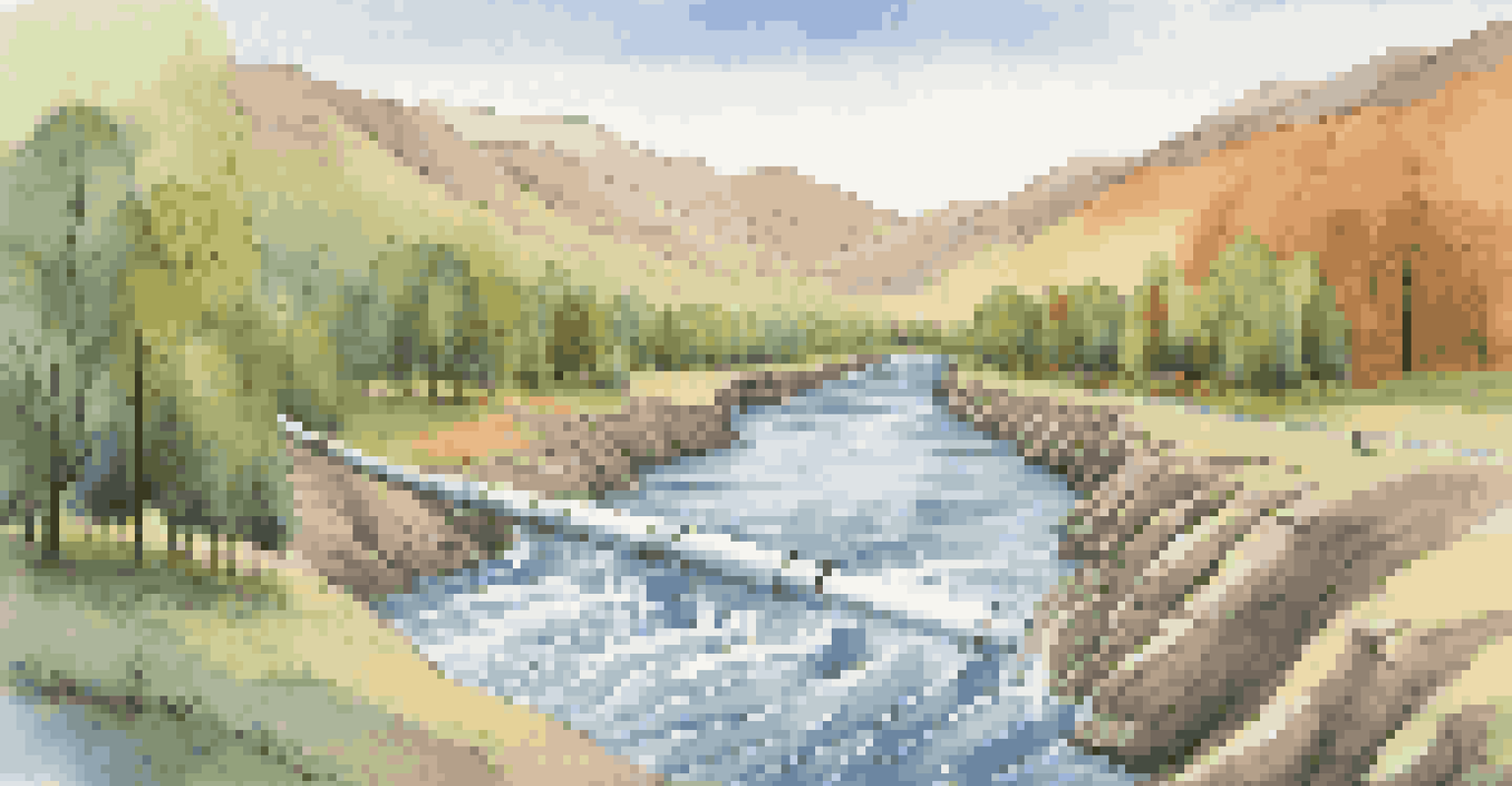 An artistic representation of a CI/CD pipeline as a river with code snippets traveling downstream and robots inspecting the code.