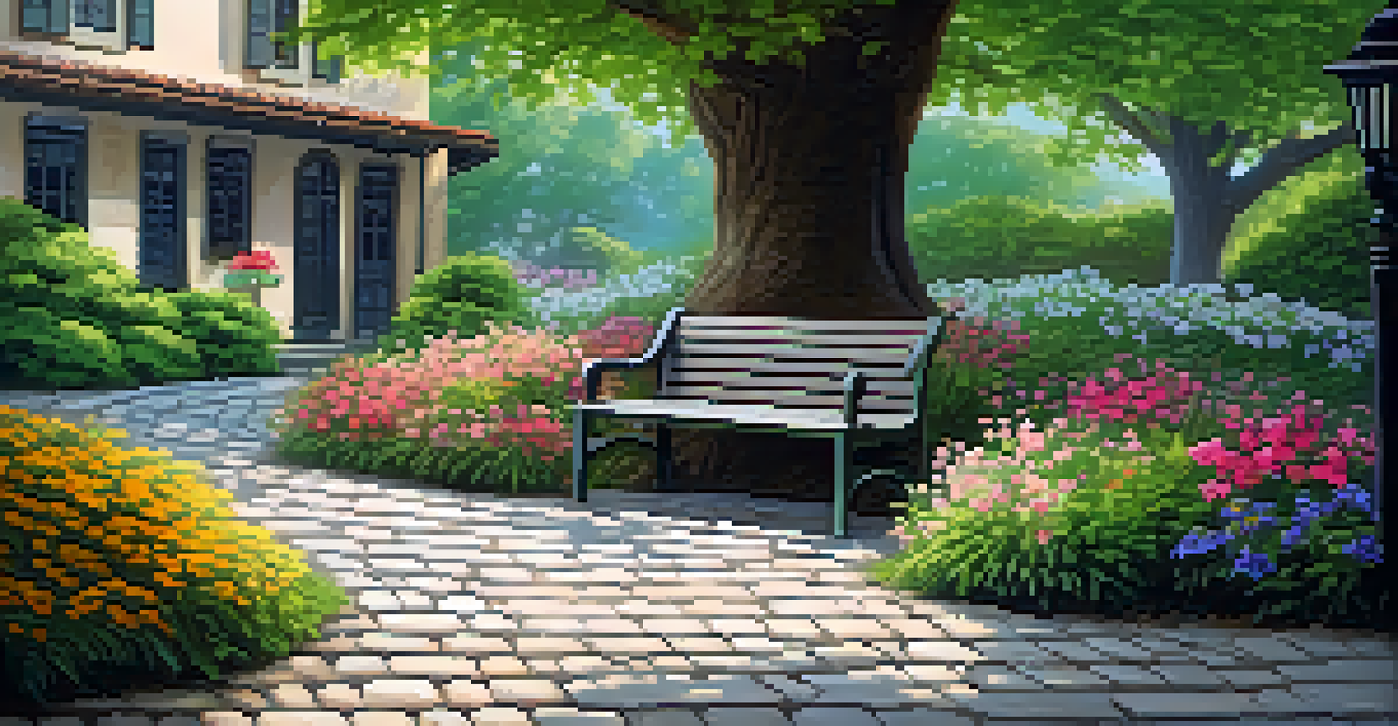 A tranquil garden with blooming flowers, a wooden bench under a tree, and a winding cobblestone path.