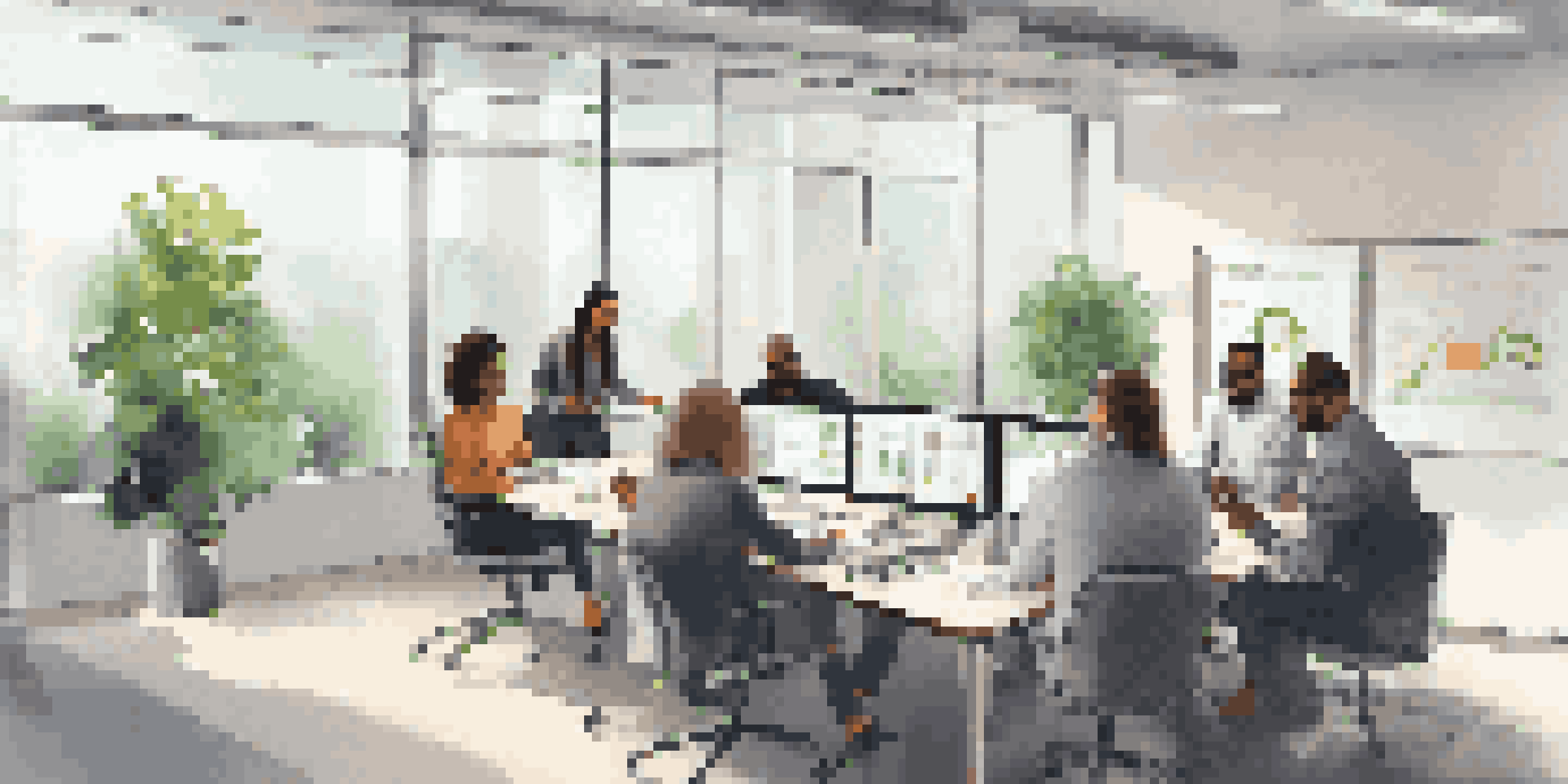 A diverse ITSM team in a modern office, collaborating around a conference table with a digital screen displaying project timelines, filled with natural light and plants.
