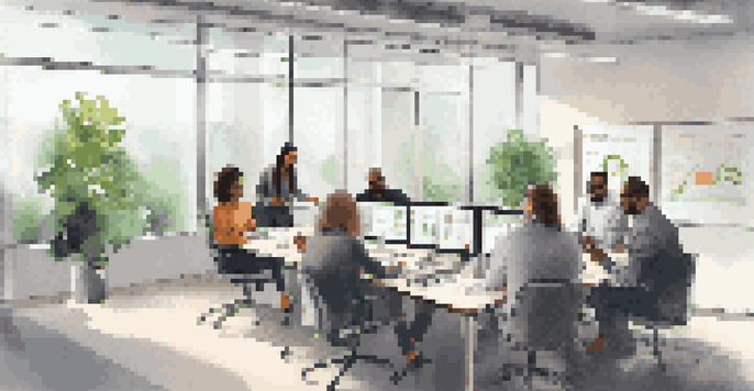 A diverse ITSM team in a modern office, collaborating around a conference table with a digital screen displaying project timelines, filled with natural light and plants.