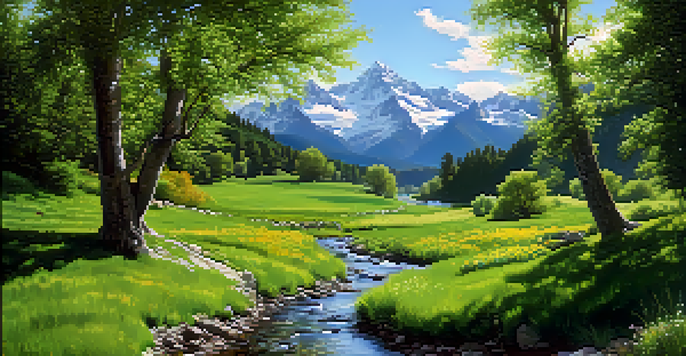 A beautiful green valley with a stream and mountains in the background, illuminated by sunlight filtering through trees.