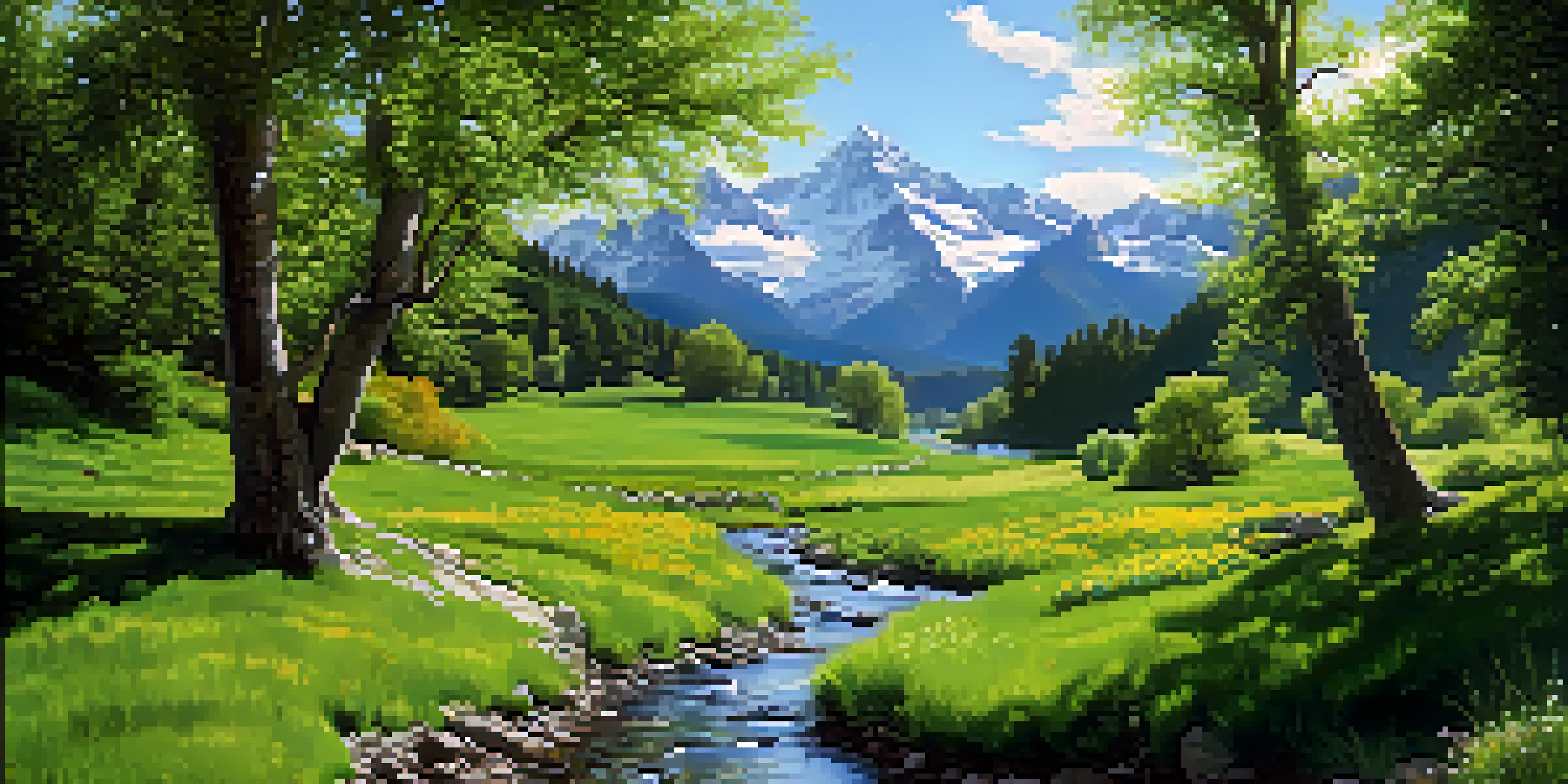 A beautiful green valley with a stream and mountains in the background, illuminated by sunlight filtering through trees.