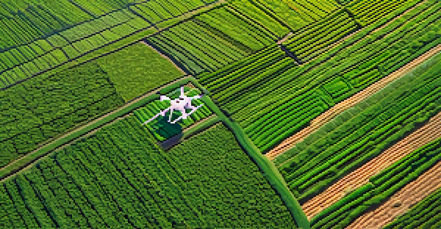 An aerial view of a farming field with a drone surveying crops, highlighting the integration of technology in agriculture.