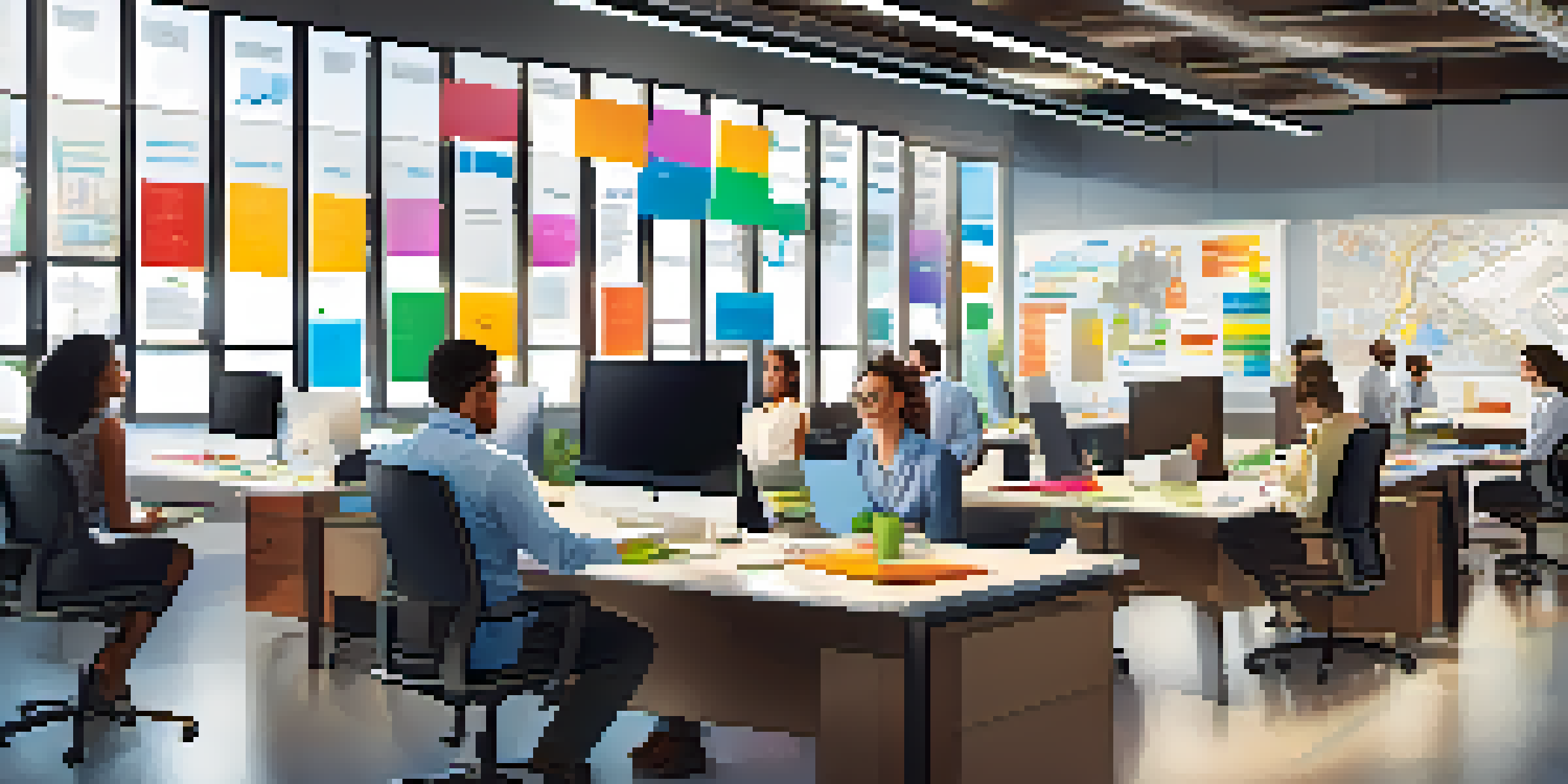 A bright office environment with diverse employees working together at a table, showcasing collaboration and creativity.