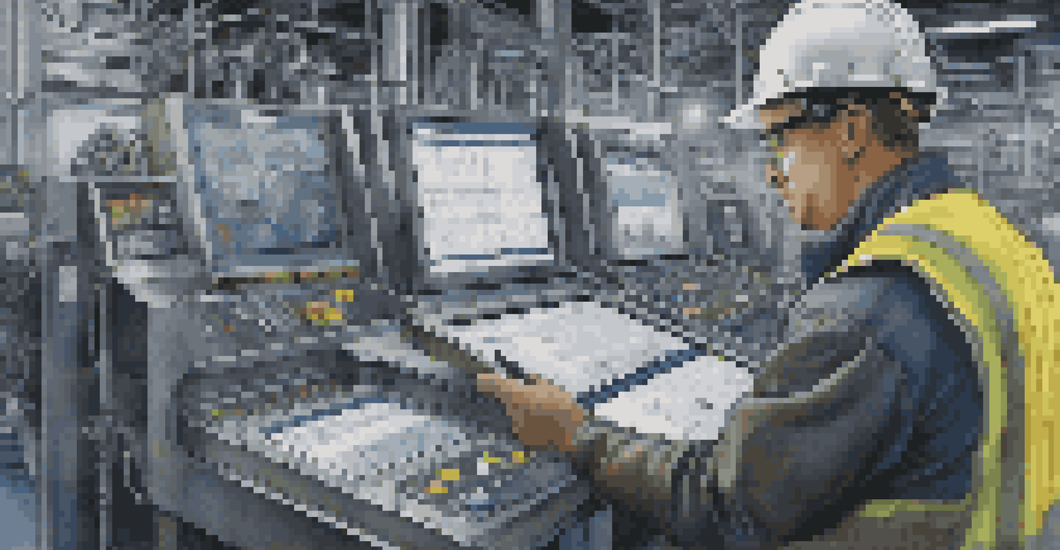 A technician in safety gear using a tablet to check machinery performance in a factory.
