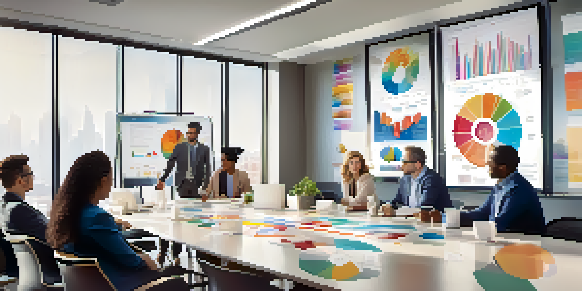 A group of diverse professionals discussing data insights in a bright conference room with charts on a screen.